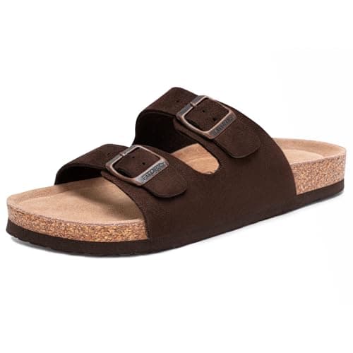 FITORY Womens Flat Sandals with Cork Footbed, Open Toe Slides Adjustable Slip On Slippers for Summer Brown Suede Size 11 - Image 1