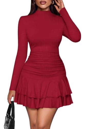 PRETTYGARDEN Womens Spring Long Sleeve Dresses 2026 Mock Neck Ruched Y2K Clothes Ruffle Layered Bodycon Mini Party Dress(Red,Medium) - Image 1