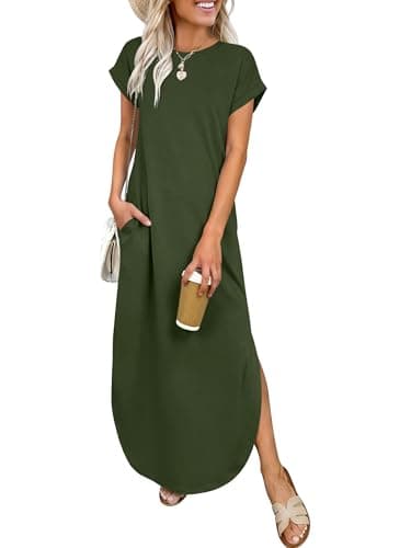 ANRABESS Womens Summer Maxi Dress 2026 Casual Short Sleeve Loose Split Wrinkle-Free Beach Vacation Long Sundress with Pockets Army Green Small - Image 1