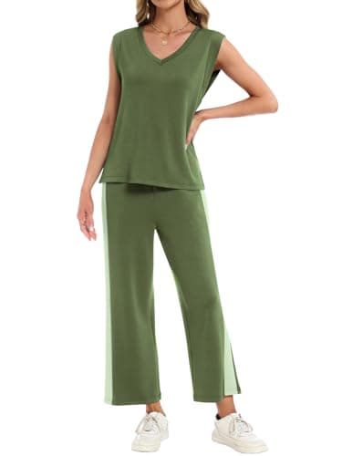 YOKGO Two Piece Sets for Women Summer Outfits V Neck Lounge Sets Business Casual Vacation Travel Matching Set - Thumbnail 3
