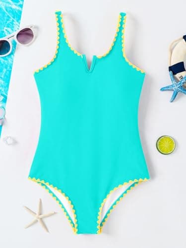 AMAWMW Girls Swimsuit One Piece Swimsuits Contrast Color V-Neck Bathing Suit Adjustable Straps Girls' Swimwear Cyan 11-12Y - Thumbnail 6