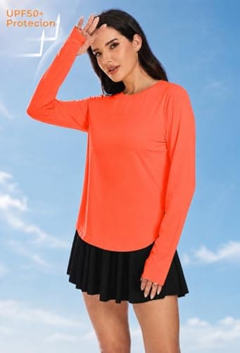 Alaroo Womens Workout Tops for Women Long Sleeve Sun Protection T Shirts for Hiking Gym Running Yoga Pilates Orange L - Thumbnail 3