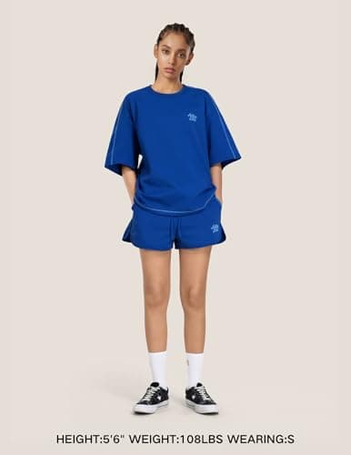 Aelfric Eden Cloud Oversized Sweat Set for women 2 Piece Shorts Outfits 2026 Summer Casual Loose Short Sleeve Matching Lounge Sets Blue Small - Thumbnail 2