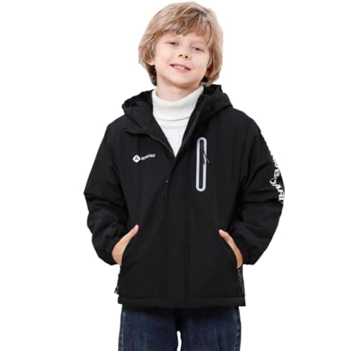 Boys' Waterproof skiing Jacket - Winter Fleece Lined Snowboarding Coat with Hood, Windproof Thermal Outer Shell for Kids Black 11-12 - Image 1