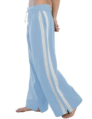 Jianzhixiao Women's Fleece Jogger Sweatpants Double Striped Athletic Track Pants High Waisted Wide Leg Pockets(Lightblue-L) - Image 1