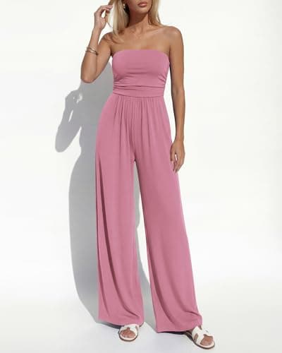 BTFBM Jumpsuits For Women Summer 2026 Beach Vacation Strapless Tube Top Jumpsuit Ruched Casual Wide Leg Pant Rompers(Pink, Large) - Thumbnail 6