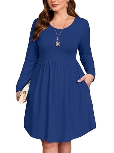 AusLook Women's Plus Size Long Sleeve Midi Dress Crewneck Casual Empire Waist Loose Flowy Dresses A-Line Boho Party 2025 Fall Winter Long Blue 2X Dress Vacation Outfit with Pockets - Image 1