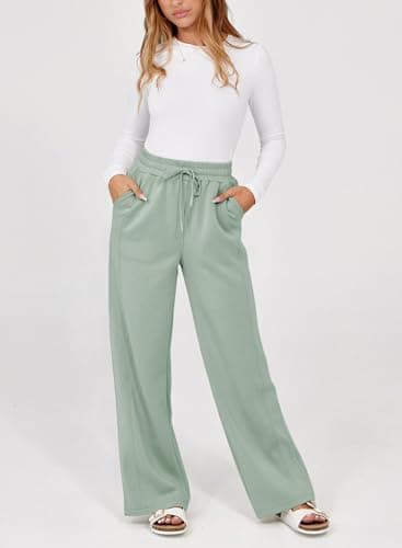 Dokotoo Wide Leg Pants Woman Fall Winter Women's Pants Fashion Trendy Palazzo Pants for Women Casual Elastic Waisted Loose Trousers for Women Smoke Green - Thumbnail 5