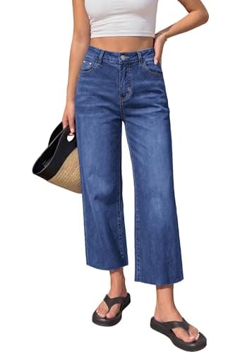 BTFBM Jeans for Women 2026 Summer High Waisted Button Straight Leg Stretchy Cropped Raw Hem Trendy Denim Pants Pockets(Bright Blue,4) - Image 1