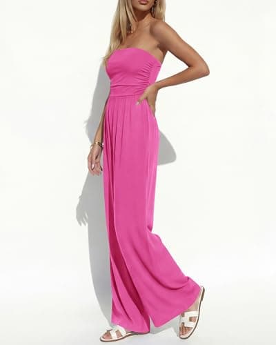 BTFBM Jumpsuits For Women Summer 2026 Beach Vacation Strapless Tube Top Jumpsuit Ruched Casual Wide Leg Pant Rompers(Rose Red, XX-Large) - Thumbnail 4