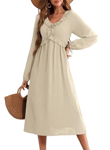 Dokotoo Maxi Dress Spring Dresses for Women 2026 Fashion Clothing Casual V Neck Teacher Outfits Boho Maxi Dress Wedding Guest Long Sleeve Elegant Classy Clothes Apricot - Thumbnail 4