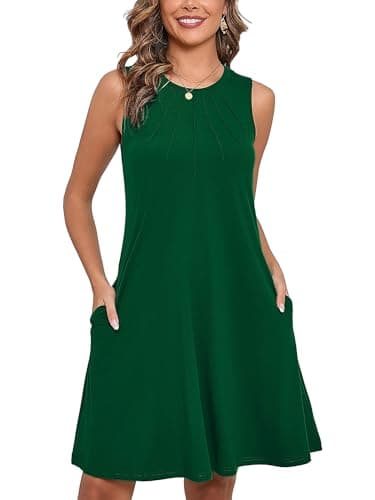 Heymoments Women Summer Dress Green Large Sleeveless Crew Neck Casual Cute Loose Fitting Tank Sundress Comfy Swing Midi Flowy A-line Trendy Beach Vacation Teacher Dresses with Pockets - Image 1