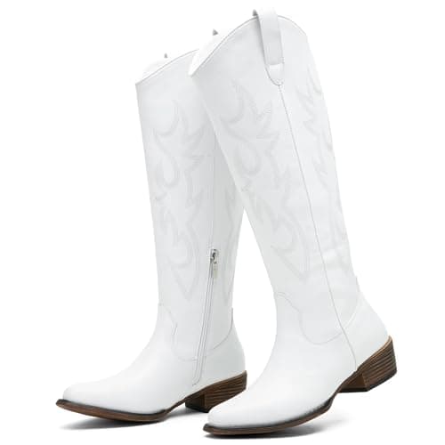 Jeossy Women's White Cowboy Boots Embroided Western Cowgirl Boots Square Toe Knee High Pull on Wide Calf Shoes with Inside Zipper Size 9.5 (DJY9809 white 09.5) - Thumbnail 6