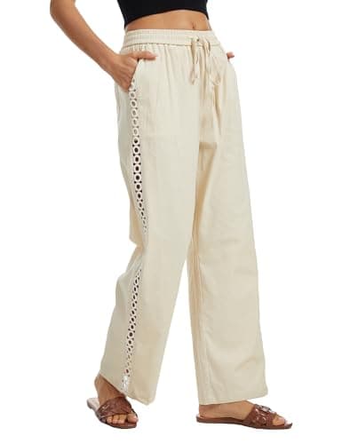 Demoking Womens Linen Pants Wide Leg Casual Palazzo Drawstring Cotton Beach Vacation Clothes for Women Hollow Side Apricot S - Image 1