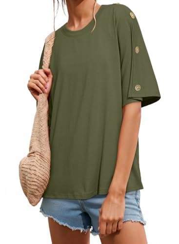 Dokotoo Summer Tops for Women 2026 Oversized T Shirts Short Sleeve Tops Basic Tee Crew Neck Button Down Shirts Loose Fit Spring Fashion 2026 Olive Green Shirt Large - Image 1