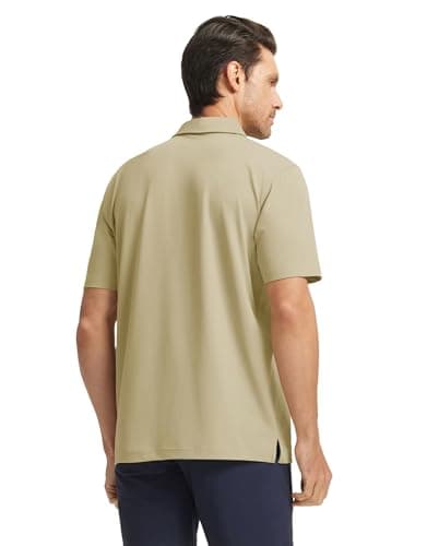 M MAELREG Mens Polo Shirts Short Sleeve Casual Performance Lightweight Striped Print Business Collared Golf Shirts Dark Khaki - Thumbnail 3