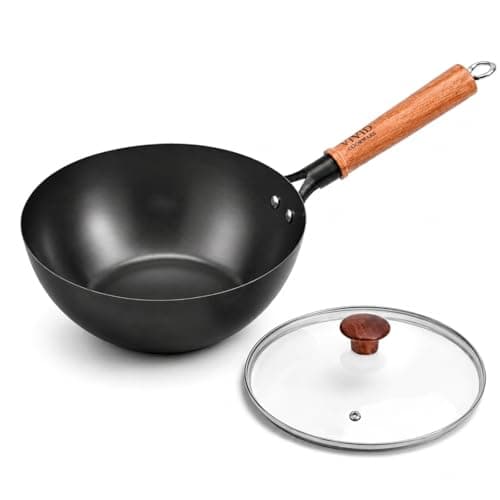 VIVIDCOOKWARE Carbon Steel Wok Pan with Lid, 9.4 Inch Deep Flat Bottom Wok, Coating-Free Carbon Steel Pan for Stir Fry, Soup, Noodles, Braising & Boiling, Small Induction Wok with Wooden Handle