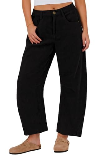 IWOLLENCE Women's Corduroy Barrel Pants Mid-Rise Elastic Waist Casual Cord Wide Legs Baggy Pant with Pockets Trendy Fall Black, L - Thumbnail 6