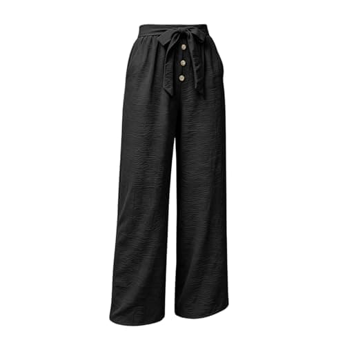 Linen Wide Leg Pants for Women, High Waisted Button Work Casual Flowy Tie Knot Trousers with Pockets, Lightweight Breathable Summer Vacation Beach Office Work Womens Palazzo Pants 2026BlackS - Thumbnail 5