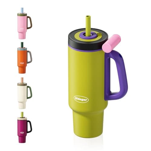 Sidagar Tumbler with Handle,36 oz Ceramic Lined Travel Mug Water Bottle with Straw,Vacuum Insulated Stainless Steel Cup with Lid,Fits Cup Holder, Leak Resistant Press-in Lid,Green