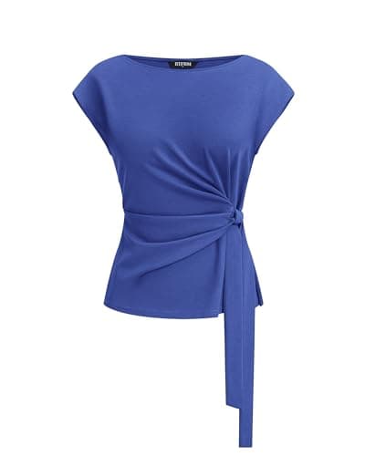BTFBM Womens Tops Summer 2026 Cap Sleeve Crew Neck Tie Waist Blouses Dressy Casual Business Work Clothes Early Fall Fashion(Blue, Small) - Image 1