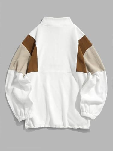 ZAFUL Men's Fluffy Polar Fleece Sweatshirt NEW YORK Embroidery Colorblock Half Zip Unisex Hoodie - Thumbnail 2