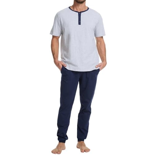 Navisting Men's 100% Cotton Short Sleeve Pajama Set with Henley Neckline Soft and Comfortable Nightwear 2-Piece Lounge Set S Grey and Navy Blue - Image 1