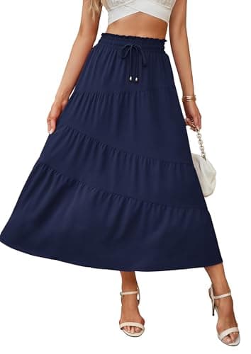 ECOWISH Women Boho Maxi Skirt: Summer Asymmetric Tiered Drawstring Elastic High Waist A-Line Flowy Long Skirts with Pockets 441 Navy Blue XL - Image 1