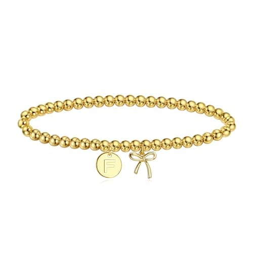 BAYLAY Gold Beaded Bracelets for Women-Initial Bracelet Dainty Gold Bracelets for Women Bead Bracelet Bow Jewelry for Mom Girlfriend Pulseras Para Mujer Valentine Birthday Gifts Waterproof Non Tarnish - Image 1