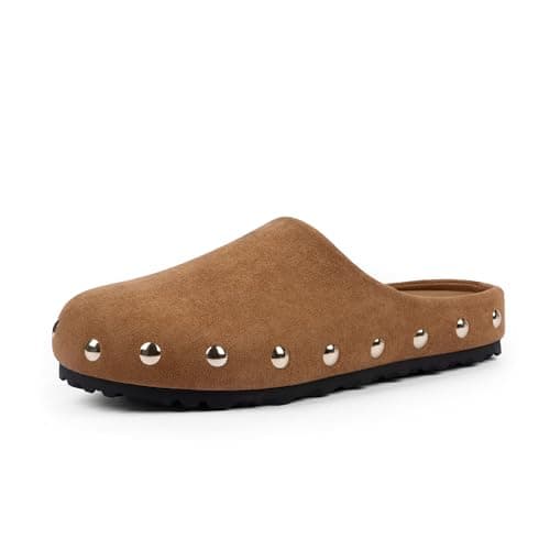 QIY Womens Brown Clogs Slip on Studded Faux Suede Mules Comfortable Footbed Mule Potato Shoes for Women Size 7.5 - Image 1