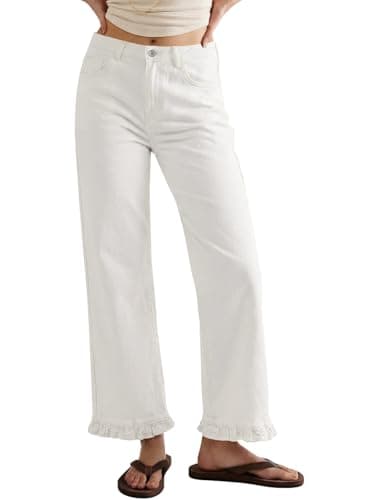 Sidefeel Womens Jeans Wide Leg High Rise Stretchy Jeans Ruffle Hem Straight Leg Denim Pants with Pockets White Size 18 - Image 1