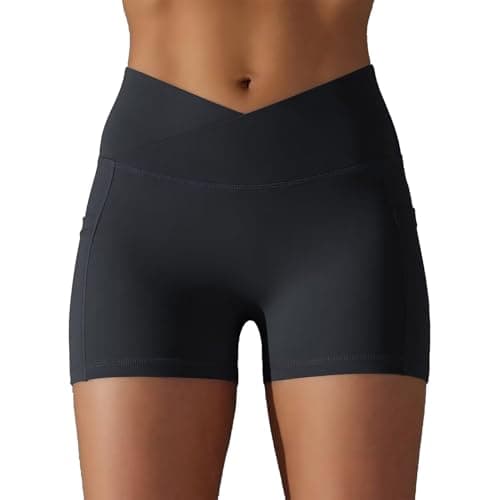 bpbtti Women's Crossover High Waist Workout Shorts with 2 Side Pockets (Black/Blue, M) - Thumbnail 2