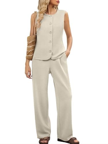 Casly Lamiit Lounge Sets for Women 2 Piece Summer Outfits Casual Sleeveless Vest Wide Leg Pants Set Beach Vacation Old Money Clothes Dark Beige XL - Image 1