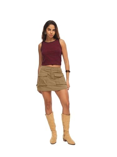 HiMONE Womens Mini Cargo Skort Skirt Shorts with Large Pockets High Waisted Casual Summer Streetwear Skort(Khaki-L) - Thumbnail 2