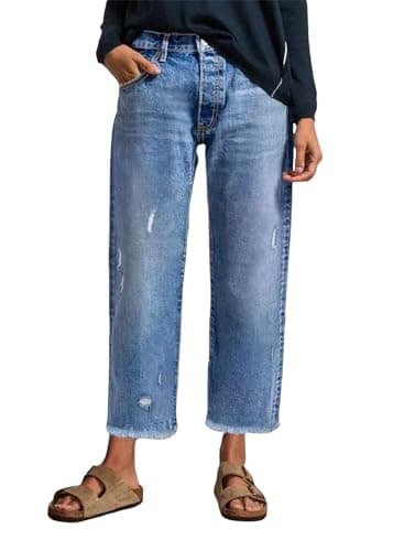 EVALESS Straight Leg Jeans for Women Mid High Waisted Frayed Distressed Baggy Pants Raw Hem Loose Stretchy Cropped Pants Bottom Sky Blue Size 10 - Image 1
