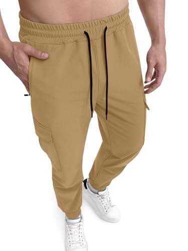 Crastimo Hiking Joggers Men Slim Fit Pants Elastic Waist Drawstring Stretch Sweatpants Cuffs Lightweight Casual Athletic Joggers Outdoor Running Khaki 3XL - Image 1