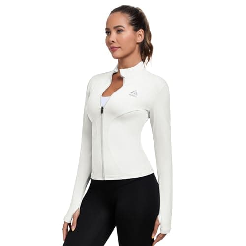 AURVAE Women's Workout Jacket, Womens Cropped Lightweight Running Jackets, Zip Slim Fit Athletic Tops for Gym, Yoga, Jogging (X-Large, White) - Image 1