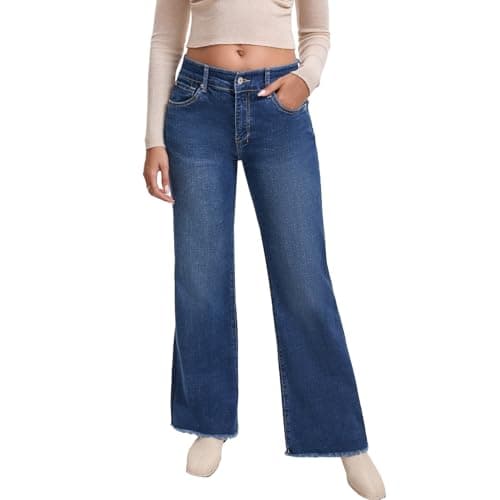 WAISUNZLM Women's High Waisted Bootcut Jeans Wide Leg Stretchy Denim Pants with Raw Hem Dark Blue - Image 1