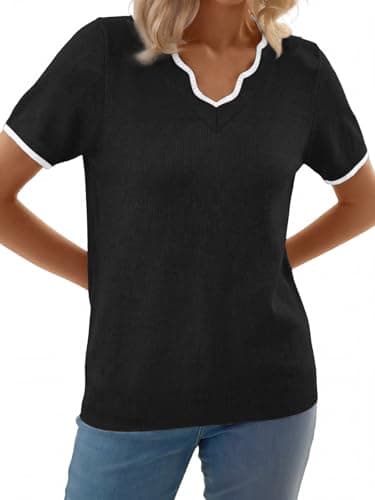 GKBK Women Short Sleeve V Neck Sweater Lightweight Pullover Top Fashion Clothing for Business Casual Work Outfits Spring Summer 2026 Black XX-Large - Thumbnail 4
