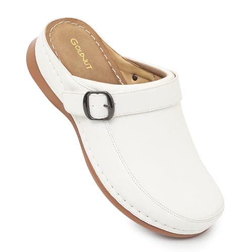 Goldnut Women's White Closed Toe Clogs Mules Comfortable Clogs with Arch Support Buckle Lined Slip On Mules Sandals for Woman Size 7 - Image 1