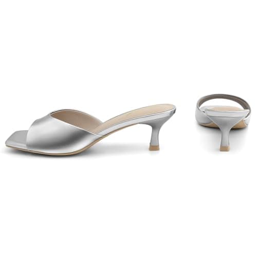 Athlefit Silver Kitten Heels for Women Square Open Toe Heeled Sandals Slip On Dressy Short Low Heels for Prom Size 5.5 - Thumbnail 5