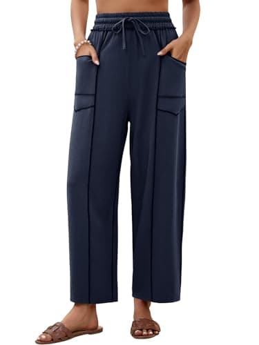 grewley Womens Linen Barrel Pants Baggy Wide Leg Pants Summer Palazzo Drawstring Waist Pants with Pockets Casual Navy Blue M - Image 1
