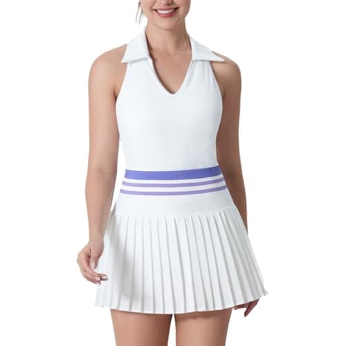 Pobodo Two Piece Tennis Skirt Set for Women, Athletic Outfit with Pockets & Built-in Shorts, Moisture Wicking Golf Dress White - Image 1