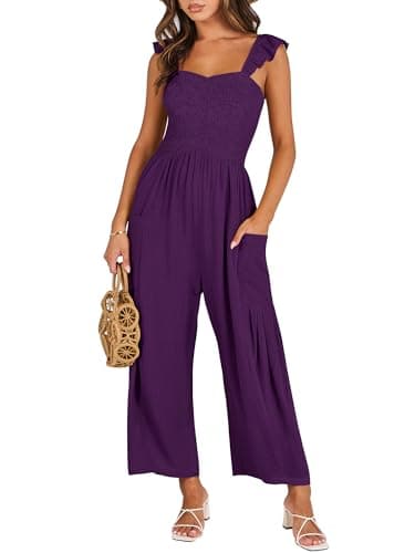ANRABESS Women Summer Casual Dressy Sleeveless Smocked Wide Leg Linen Jumpsuits Rompers 2026 Trendy Travel Outfit Pocket Purple Small - Image 1