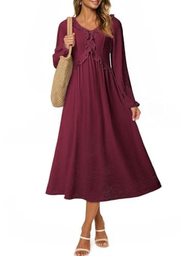 Dokotoo Maxi Dresses for Women 2026 Red Wedding Guest Dress Early Spring Fashion Casual V Neck Long Sleeve Birthday Beach Vacation Clothes Casual Italian Dress Red - Image 1