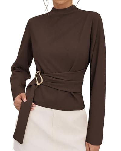 PRETTYGARDEN Women Blouses 2026 Fall Dressy Mock Neck Long Sleeve Work Shirts Buckle Belted Tunic Business Casual Tops(Brown,Small) - Image 1