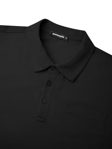 Promen polo Men's Classic Long Sleeve Polo Shirts Casual Lightweight Solid Golf Shirts with Pocket Black XXL - Thumbnail 3