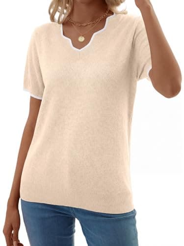 GKBK Women Short Sleeve V Neck Sweater Lightweight Pullover Top Fashion Clothing for Business Casual Work Outfits Spring Summer 2026 Apricot Medium - Thumbnail 2