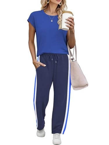 Casly Lamiit Two Piece Sets for Women Short Sleeve Lounge Sets Crew Neck Vacation Outfits Matching Sets Clothing Royal Blue XL - Image 1