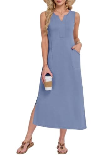 WNEEDU 2026 Boho Sundress Sleeveless Side Slit Soft Wrinkle-Free Midi Dress Tropical Cruise Vacation Party Outfit,Gray Blue,XL - Image 1